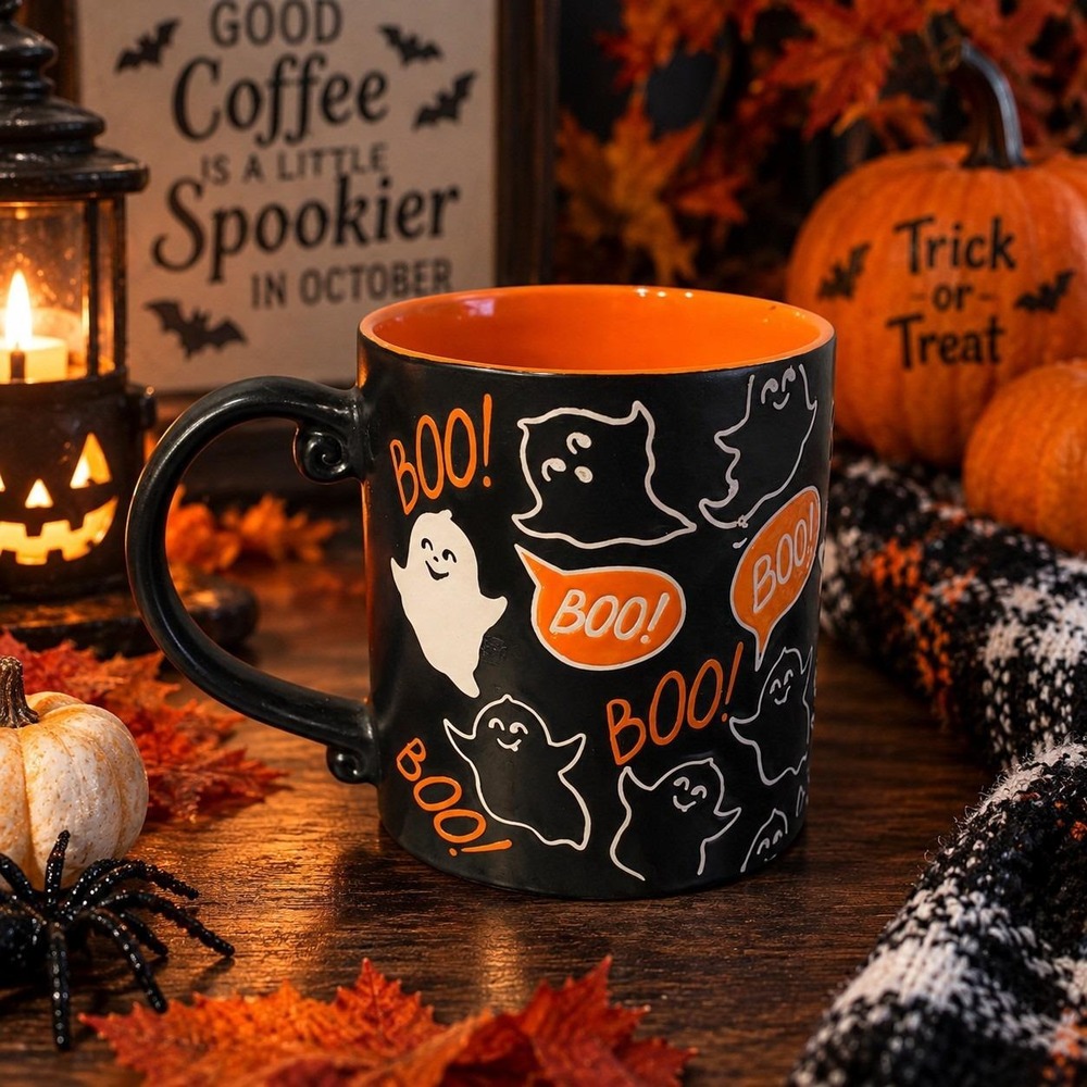 Halloween Ghost Boo Ceramic Mug Black Orange Spooky Coffee Cup Curly Handle